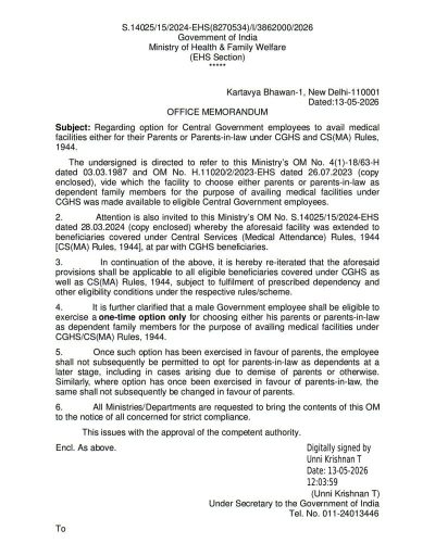 Option to avail medical facilities either for their Parents or Parents-in-law under CGHS and CS(MA) Rules, 1944 - Clarification: MoH&FW O.M. dated 13.05.2026 1 option-to-avail-medical-facilities-either-parents-or-parents-in-law-13-05-2026