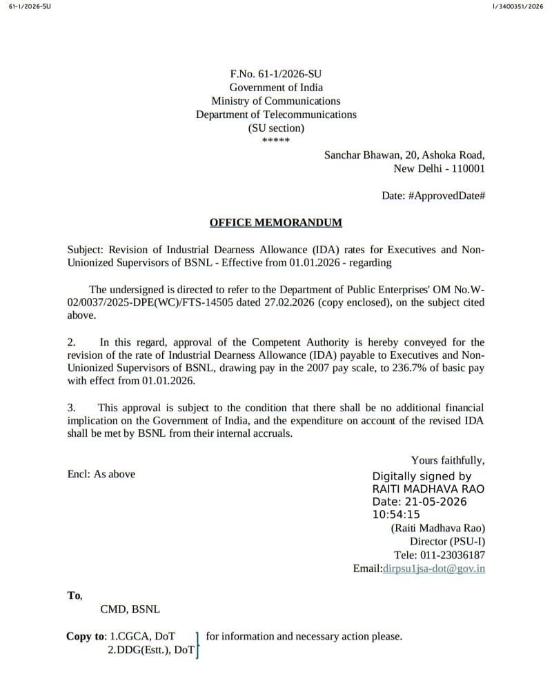 Payment of IDA at revised rate of 236.7% w.e.f. 01.01.2026: BSNL Corporate Office O.M. Payment of IDA at revised rate of 236.7% w.e.f. 01.01.2026: BSNL Corporate Office O.M.