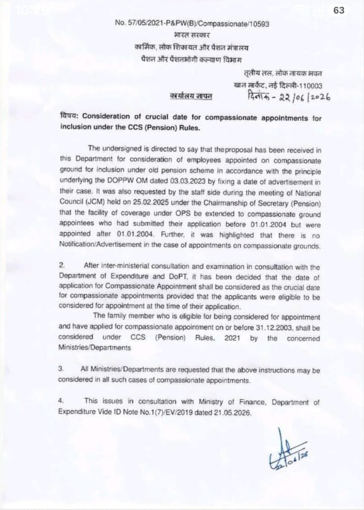 Consideration of crucial date for compassionate appointments for inclusion under the CCS (Pension) Rules : DoP&PW O.M. Consideration of crucial date for compassionate appointments for inclusion under the CCS (Pension) Rules : DoP&PW O.M.