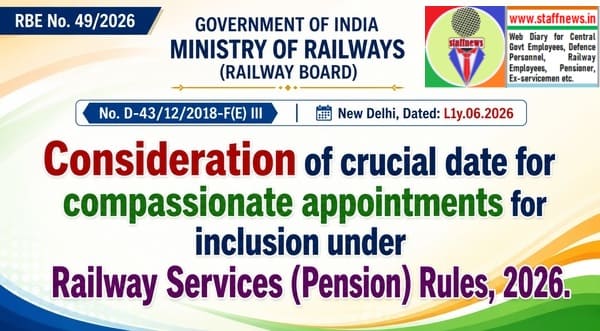Consideration of crucial date for compassionate appointments for inclusion under Railway Services (Pension) Rules: RBE No. 49/2026 Consideration of crucial date for compassionate appointments for inclusion under Railway Services (Pension) Rules: RBE No. 49/2026