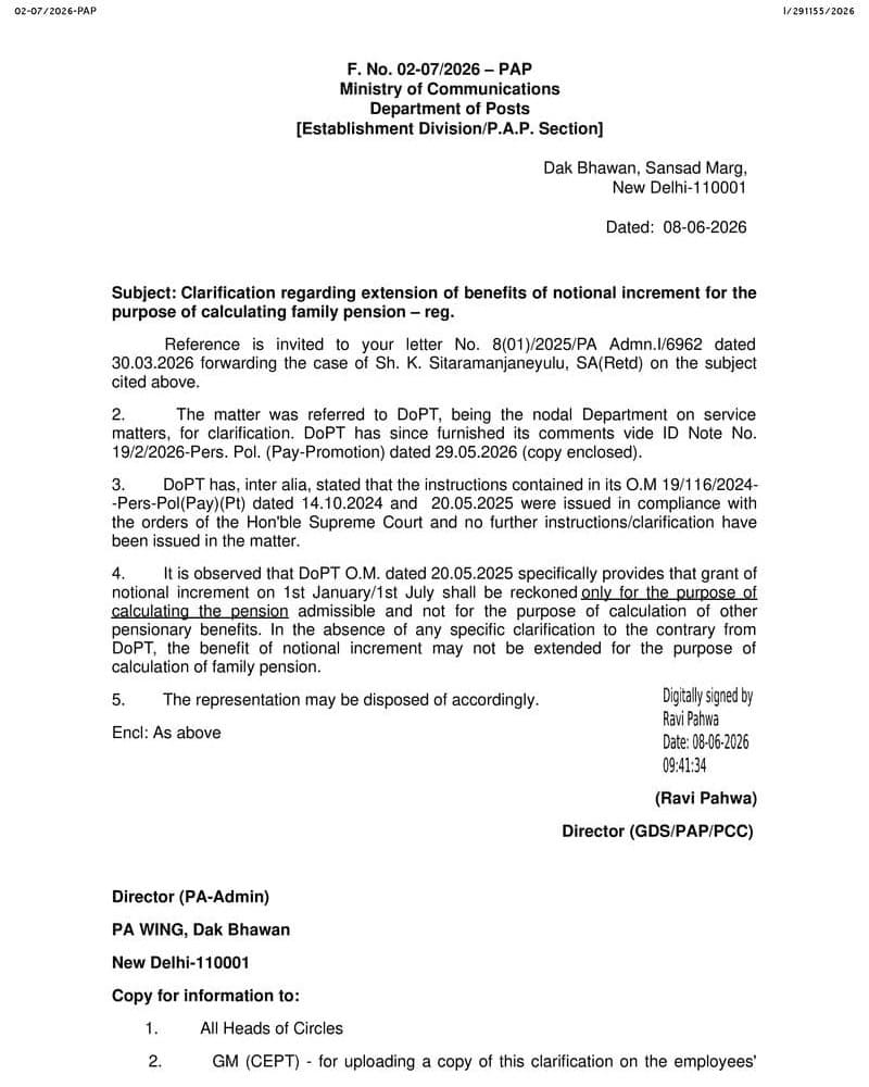 Extension of benefits of notional increment for the purpose of calculating family pension – Clarification by DoP&T: Department of Posts Extension of benefits of notional increment for the purpose of calculating family pension – Clarification by DoP&T: Department of Posts