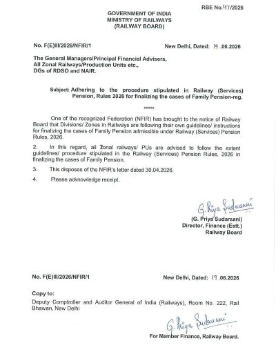 Finalizing the cases of Family Pension - Adhering to the procedure stipulated in Railway (Services) Pension, Rules 2026: RBE No. 47/2026 1 finalizing-the-cases-of-family-pension-rbe-no-47-2026