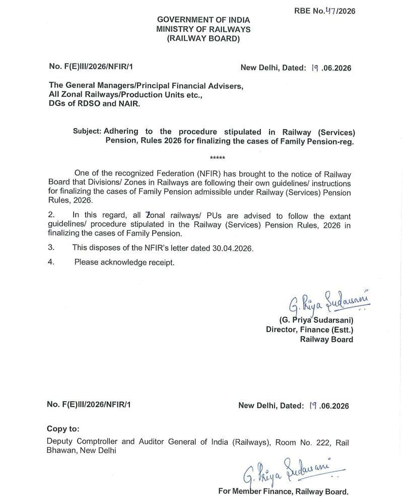 Finalizing the cases of Family Pension – Adhering to the procedure stipulated in Railway (Services) Pension, Rules 2026: RBE No. 47/2026 Finalizing the cases of Family Pension – Adhering to the procedure stipulated in Railway (Services) Pension, Rules 2026: RBE No. 47/2026