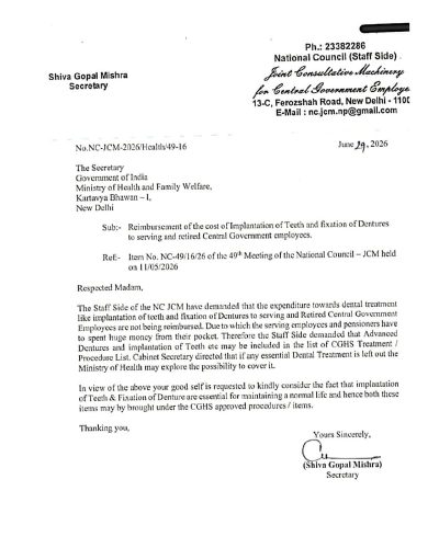 Reimbursement of the cost of Implantation of Teeth and fixation of Dentures to serving and retired: Secretary, NC(Staff Side) JCM writes to MoH&FW 1 reimbursement-of-the-cost-of-implantation-of-teeth-nc-jcm-letter