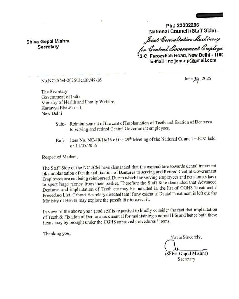 Reimbursement of the cost of Implantation of Teeth and fixation of Dentures to serving and retired: Secretary, NC(Staff Side) JCM writes to MoH&FW Reimbursement of the cost of Implantation of Teeth and fixation of Dentures to serving and retired: Secretary, NC(Staff Side) JCM writes to MoH&FW