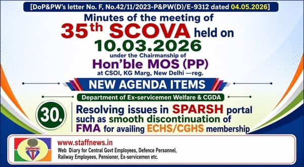 Resolving issues in SPARSH portal such as smooth discontinuation of FMA for availing ECHS/CGHS membership: 35th SCOVA Resolving issues in SPARSH portal such as smooth discontinuation of FMA for availing ECHS/CGHS membership: 35th SCOVA