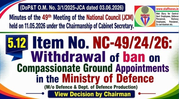 Withdrawal of ban on Compassionate Ground Appointments in the Ministry of Defence: Agenda Item 49th NC (JCM) Meeting Withdrawal of ban on Compassionate Ground Appointments in the Ministry of Defence: Agenda Item 49th NC (JCM) Meeting