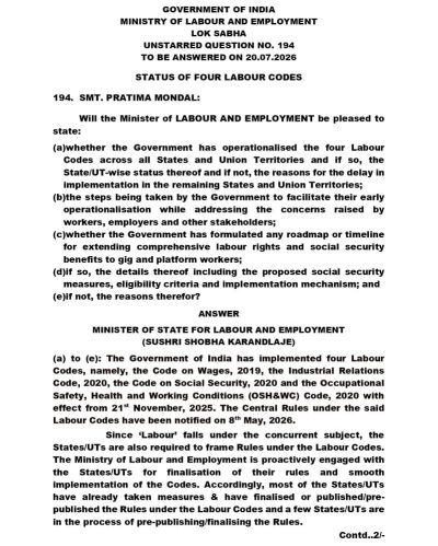 Four Labour Codes Implemented from 21 November 2025: Centre Notifies Rules - 21 नवंबर 2025 से चार श्रम संहिताएँ लागू: केंद्र ने नियम अधिसूचित किए 5 4-Labour-Codes-Lok-Sabha-Q-194-Eng-01