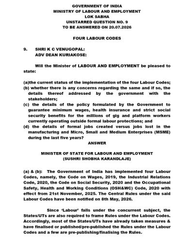 Four Labour Codes Implemented from 21 November 2025: Centre Notifies Rules - 21 नवंबर 2025 से चार श्रम संहिताएँ लागू: केंद्र ने नियम अधिसूचित किए 1 4 Labour Codes Lok Sabha Q 9 Eng 01