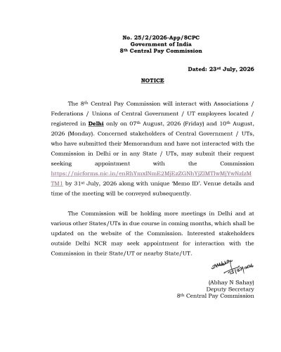 8th Central Pay Commission interactions at Delhi on 7th and 10th August, 2026: Notice 1 8th-central-pay-commission-interactions-at-delhi