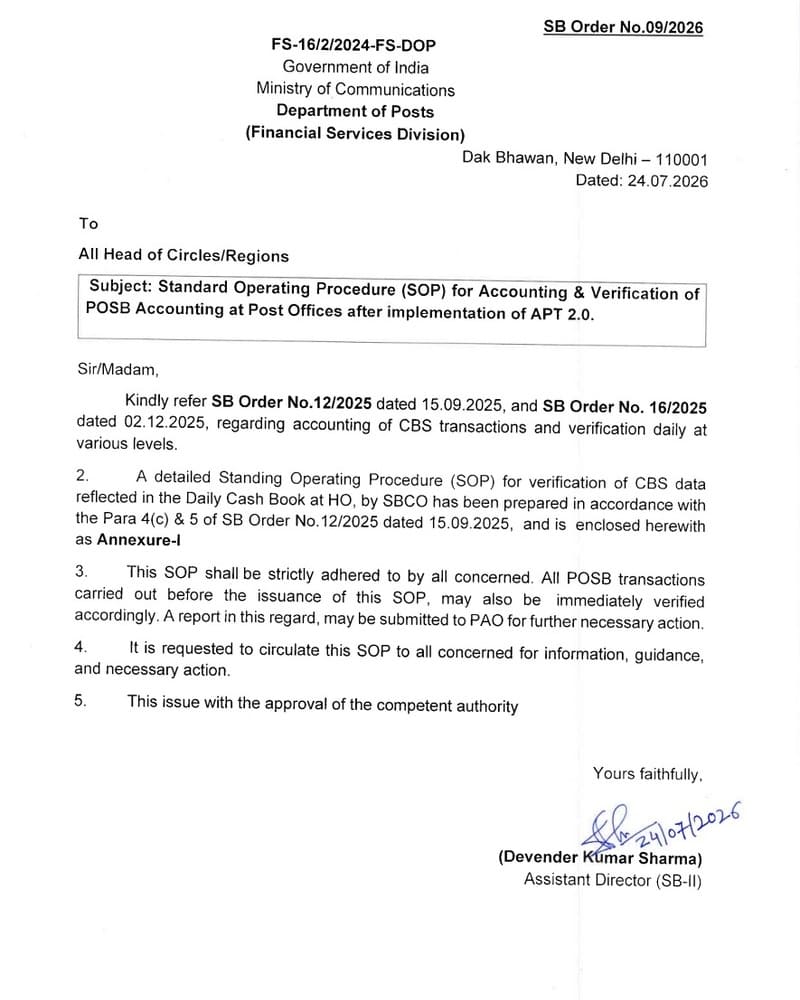 Accounting & Verification of POSB Accounting at Post Offices: SOP by DoP SB Order No. 09/2026 Accounting & Verification of POSB Accounting at Post Offices: SOP by DoP SB Order No. 09/2026