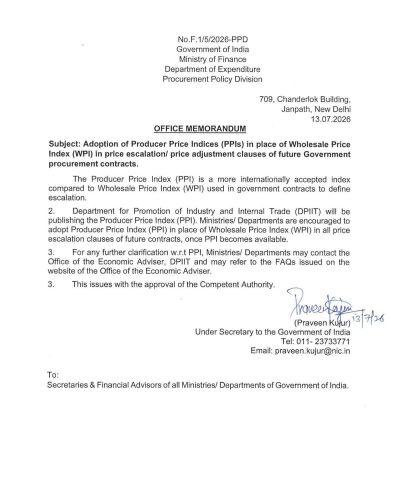 Adoption of Producer Price Indices (PPIs) in place of WPI in price escalation/ price adjustment clauses of future Government procurement contracts 1 adoption-of-producer-price-indices-ppis