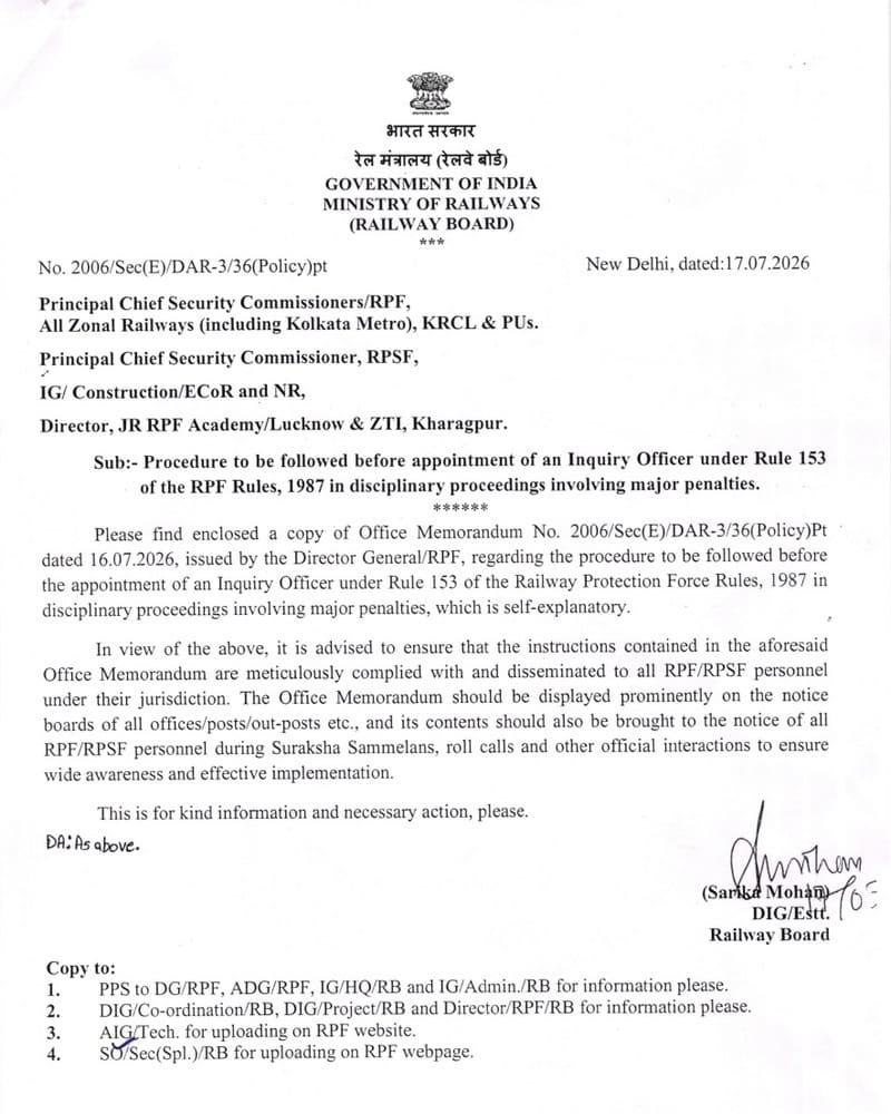 Appointment of an Inquiry Officer in disciplinary proceedings involving major penalties under RPF Rules, 1987: Procedure Appointment of an Inquiry Officer in disciplinary proceedings involving major penalties under RPF Rules, 1987: Procedure