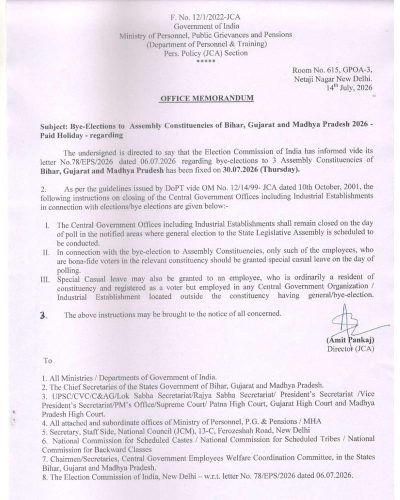 Bye-Elections to Assembly Constituencies of Bihar, Gujarat and Madhya Pradesh 2026 – Paid Holiday: DoP&T O.M. 1 bye-elections-to-assembly-constituencies-2026-paid-holiday