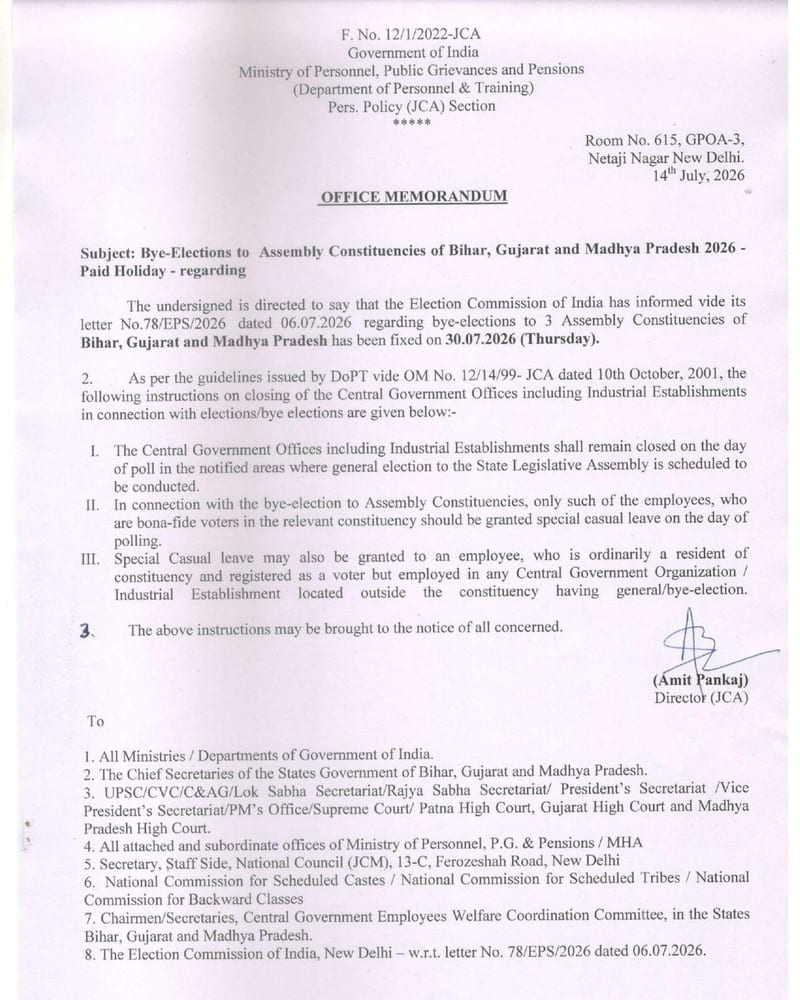 Bye-Elections to Assembly Constituencies of Bihar, Gujarat and Madhya Pradesh 2026 – Paid Holiday: DoP&T O.M. Bye-Elections to Assembly Constituencies of Bihar, Gujarat and Madhya Pradesh 2026 – Paid Holiday: DoP&T O.M.
