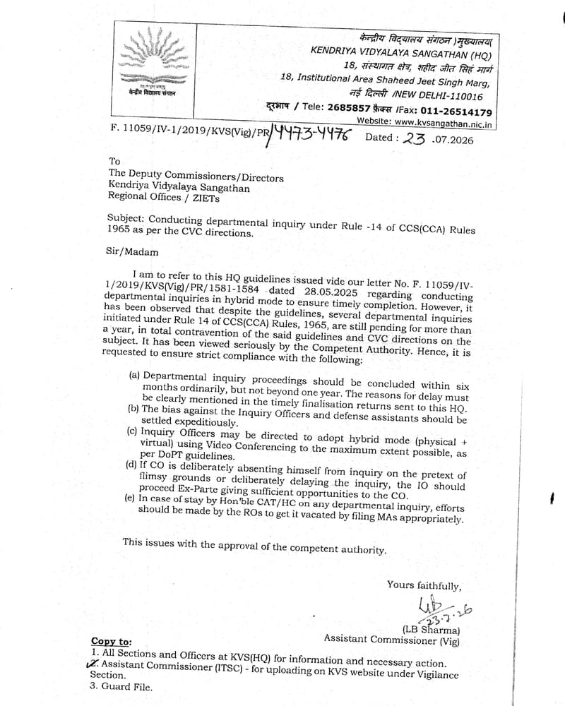 Conducting departmental inquiry under Rule-14 of CCS(CCA) Rules 1965 as per the CVC directions: KVS Conducting departmental inquiry under Rule-14 of CCS(CCA) Rules 1965 as per the CVC directions: KVS