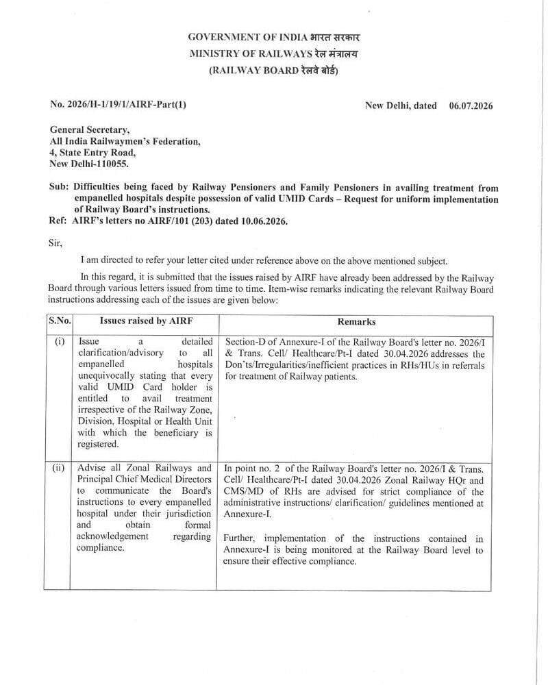 Difficulties being faced by Railway Pensioners and Family Pensioners in availing treatment from empanelled hospitals: Railway Board Order on issue raised by AIRF Difficulties being faced by Railway Pensioners and Family Pensioners in availing treatment from empanelled hospitals: Railway Board Order on issue raised by AIRF