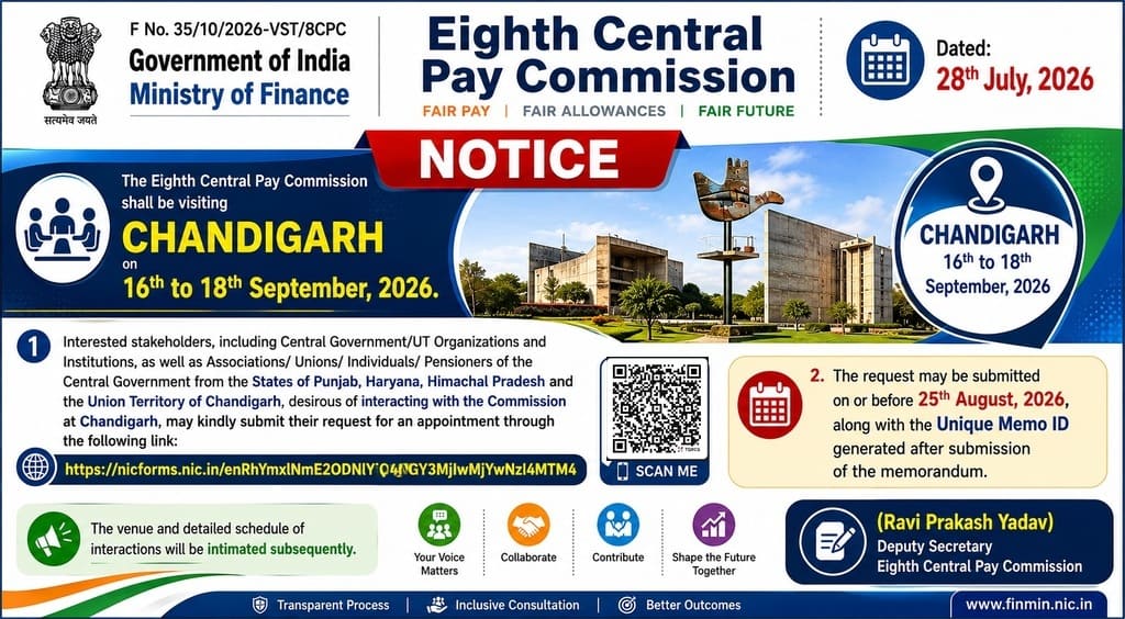 Eighth Central Pay Commission visit to Chandigarh on 16th to 18th September, 2026 (last date for request 25th August): Notice Eighth Central Pay Commission visit to Chandigarh on 16th to 18th September, 2026 (last date for request 25th August): Notice