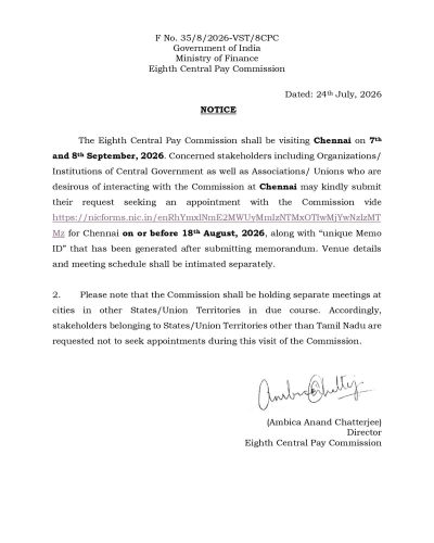 Eighth Central Pay Commission visit to Chennai on 7th – 8th September, 2026 (last date 18th August): Notice 1 eighth-central-pay-commission-visit-to-chennai-notice