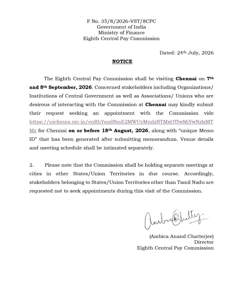 Eighth Central Pay Commission visit to Chennai on 7th – 8th September, 2026 (last date 18th August): Notice Eighth Central Pay Commission visit to Chennai on 7th – 8th September, 2026 (last date 18th August): Notice