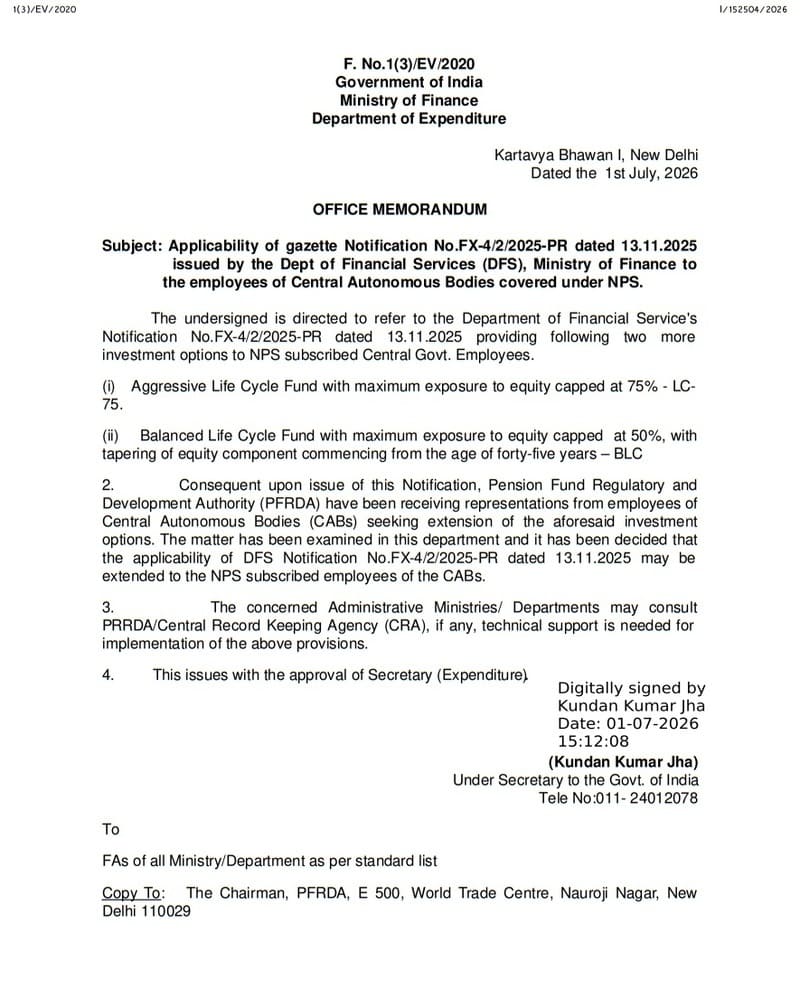 Employees of Central Autonomous Bodies covered under NPS – Applicability of DFS Notification for NPS Investment Options Employees of Central Autonomous Bodies covered under NPS – Applicability of DFS Notification for NPS Investment Options
