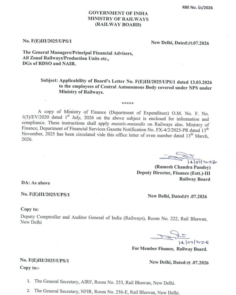 Employees of Central Autonomous Body covered under NPS under Ministry of Railways – Enhancement of Investment options: RBE No. 60/2026 Employees of Central Autonomous Body covered under NPS under Ministry of Railways – Enhancement of Investment options: RBE No. 60/2026