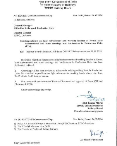 Expenditure on light refreshment and working lunches at meetings and conferences in Production Units (PUS): Railway Board Order 1 expenditure on light refreshment and working lunches railway board