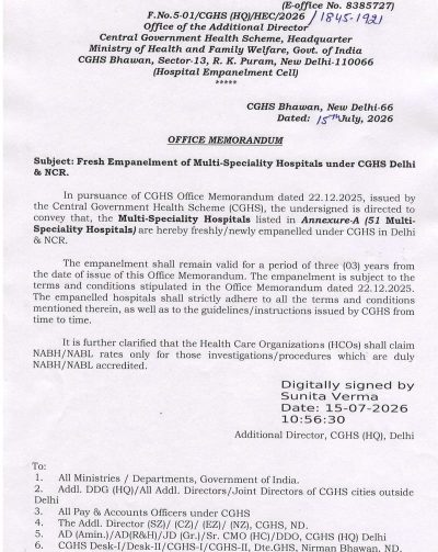 Fresh Empanelment of Multi-Speciality Hospitals under CGHS Delhi & NCR - 51 Hospitals empanelled w.e.f. 15.07.2026 1 fresh-empanelment-of-multi-speciality-hospitals-under-cghs-delhi