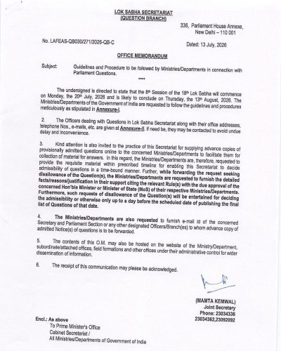 Guidelines and Procedure to be followed by Ministries/Departments in connection with Parliament Questions: Lok Sabha Secretariat O.M. 1 guidelines-and-procedure-to-be-followed-for-parliament-question