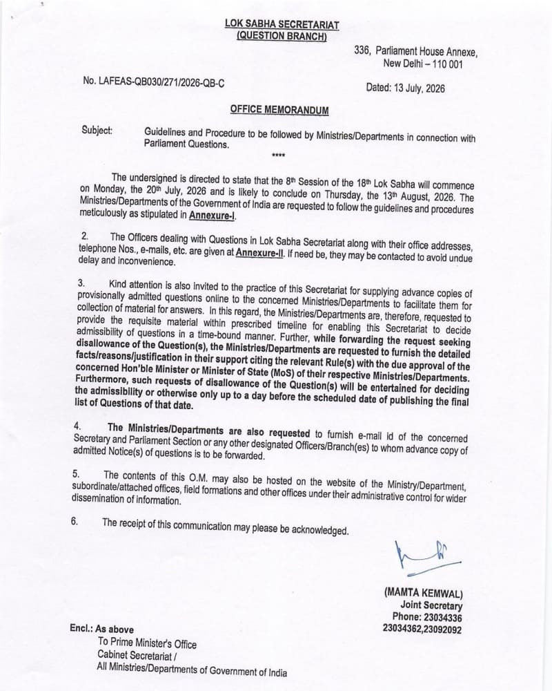 Guidelines and Procedure to be followed by Ministries/Departments in connection with Parliament Questions: Lok Sabha Secretariat O.M. Guidelines and Procedure to be followed by Ministries/Departments in connection with Parliament Questions: Lok Sabha Secretariat O.M.