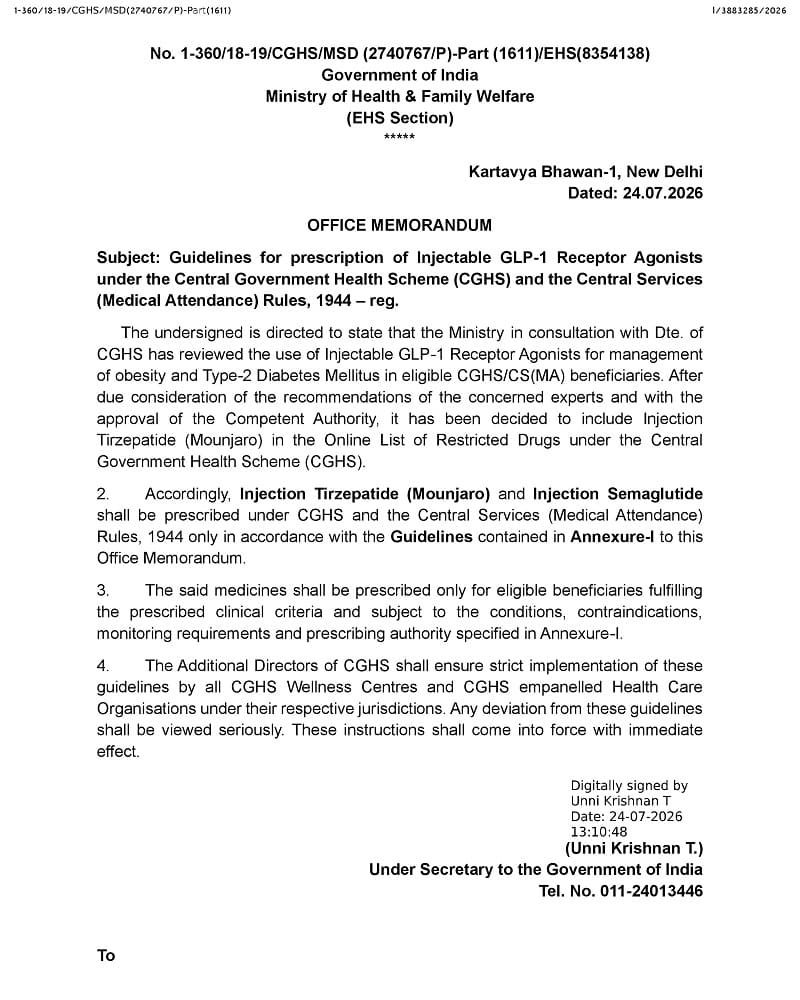 Guidelines for prescription of Injectable GLP-1 Receptor Agonists under CGHS and CS(MA) Rules, 1944: MoH&FW O.M. Guidelines for prescription of Injectable GLP-1 Receptor Agonists under CGHS and CS(MA) Rules, 1944: MoH&FW O.M.