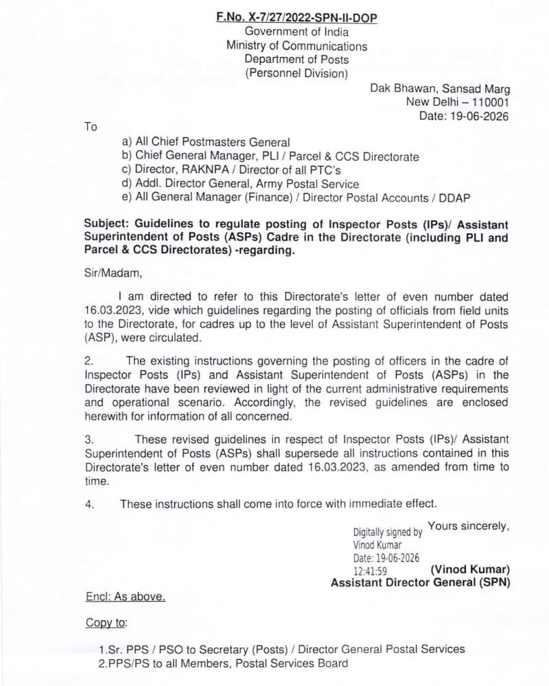 Guidelines to regulate posting of Inspector Posts (IPs)/ ASPs Cadre in the Directorate (including PLI and Parcel &CSS) Guidelines to regulate posting of Inspector Posts (IPs)/ ASPs Cadre in the Directorate (including PLI and Parcel &CSS)