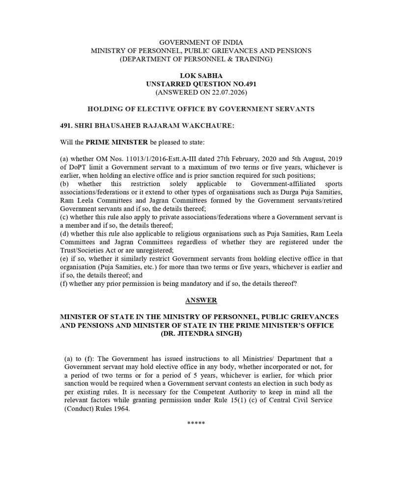 Holding of Elective Office by Government Servants सरकारी कर्मचारियों द्वारा निर्वाचित पद धारण करना Holding of Elective Office by Government Servants सरकारी कर्मचारियों द्वारा निर्वाचित पद धारण करना