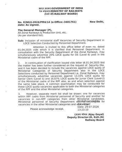 Inclusion of ministerial staff Vacancies of Security Department in LDCE Selection: Railway Board Order 29.07.2026 1 inclusion-of-ministerial-staff-vacancies-of-security-department-railway-board