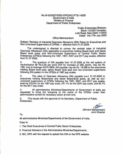 Industrial Dearness Allowance (IDA) Rates from 01.07.2026 for Executives and Non-Unionized Supervisors of CPSEs: DPE, FinMin O.M. 1 industrial-dearness-allowance-ida-rates-from-01-07-2026