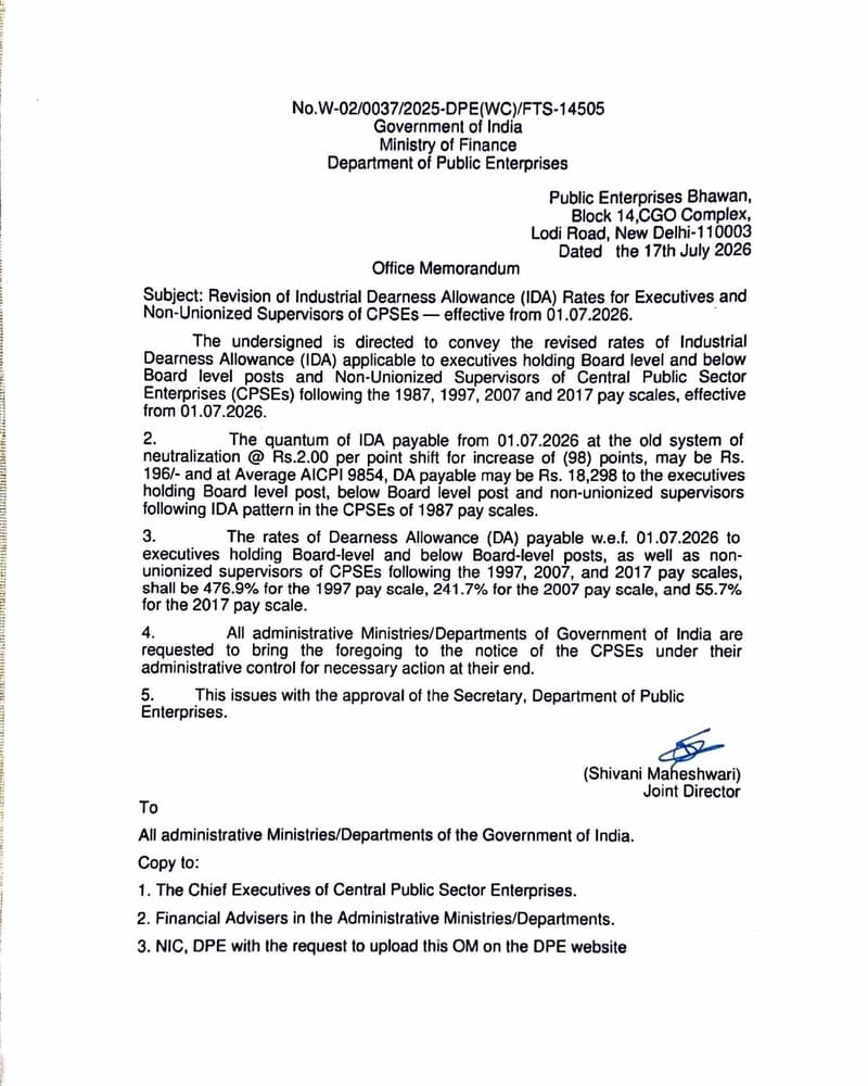 Industrial Dearness Allowance (IDA) Rates from 01.07.2026 for Executives and Non-Unionized Supervisors of CPSEs: DPE, FinMin O.M. Industrial Dearness Allowance (IDA) Rates from 01.07.2026 for Executives and Non-Unionized Supervisors of CPSEs: DPE, FinMin O.M.