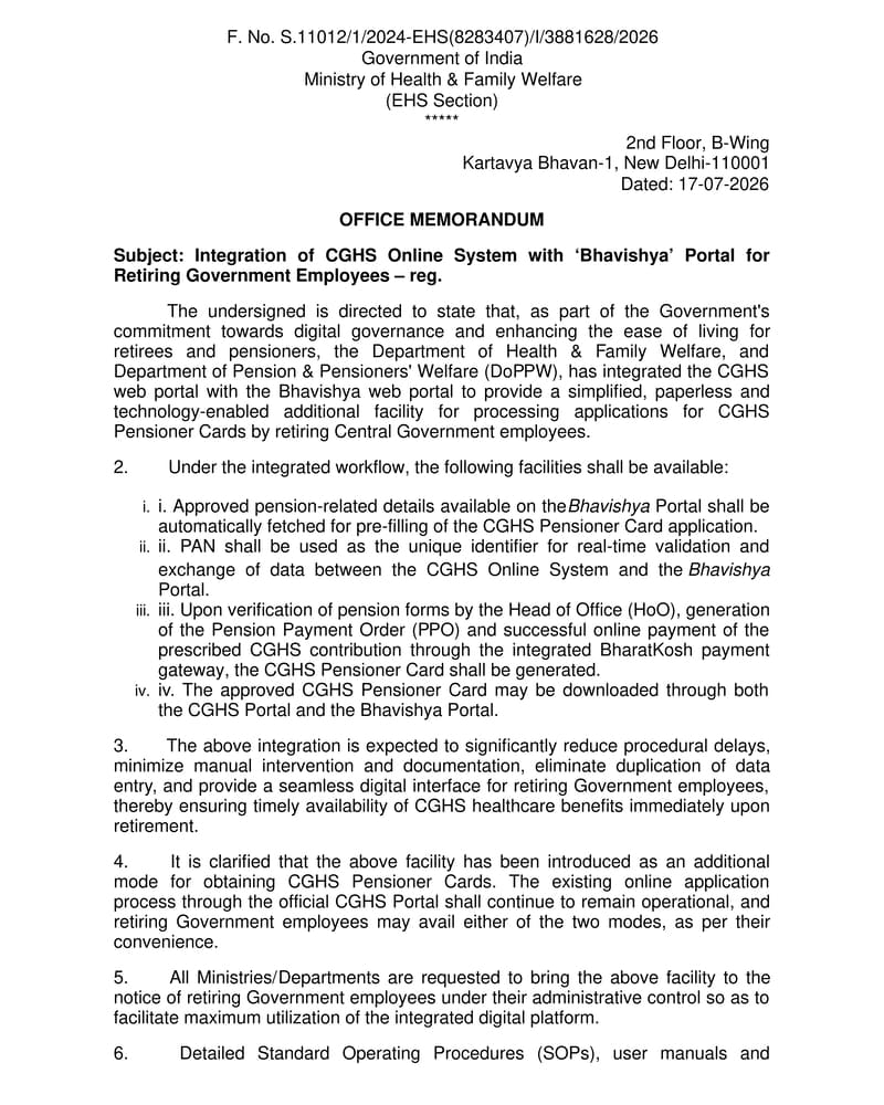 Integration of CGHS Online System with ‘Bhavishya’ Portal for Retiring Government Employees: MoH&FW O.M. Integration of CGHS Online System with ‘Bhavishya’ Portal for Retiring Government Employees: MoH&FW O.M.