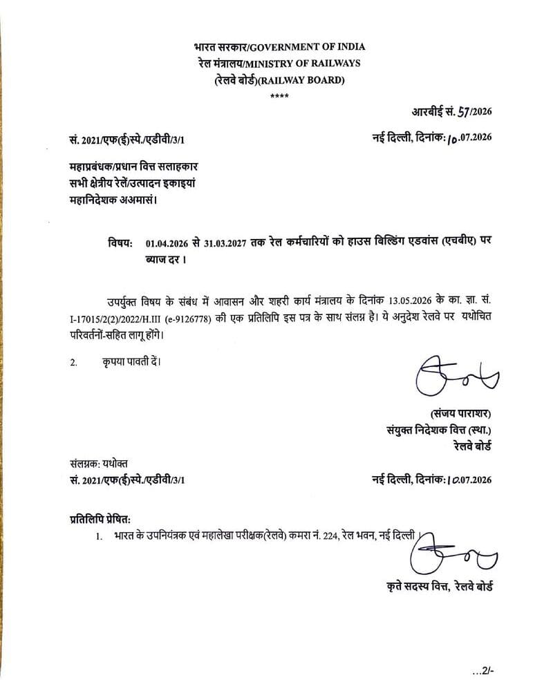 Interest Rate on House Building Advance to Railway employees from 01.04.2026 to 31.03.2027: RBE No. 57/2026 Interest Rate on House Building Advance to Railway employees from 01.04.2026 to 31.03.2027: RBE No. 57/2026