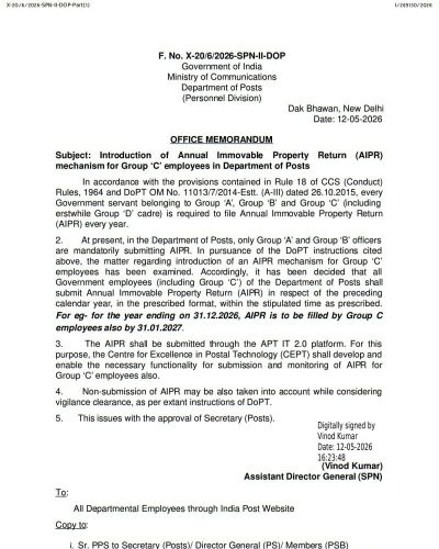 Introduction of Annual Immovable Property Return (AIPR) mechanism for Group ‘C’ employees in Department of Posts 1 introduction-of-annual-immovable-property-return-for-gp-c-dop