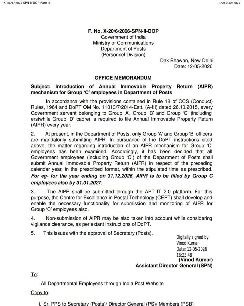 Introduction of Annual Immovable Property Return (AIPR) mechanism for Group ‘C’ employees in Department of Posts Introduction of Annual Immovable Property Return (AIPR) mechanism for Group ‘C’ employees in Department of Posts