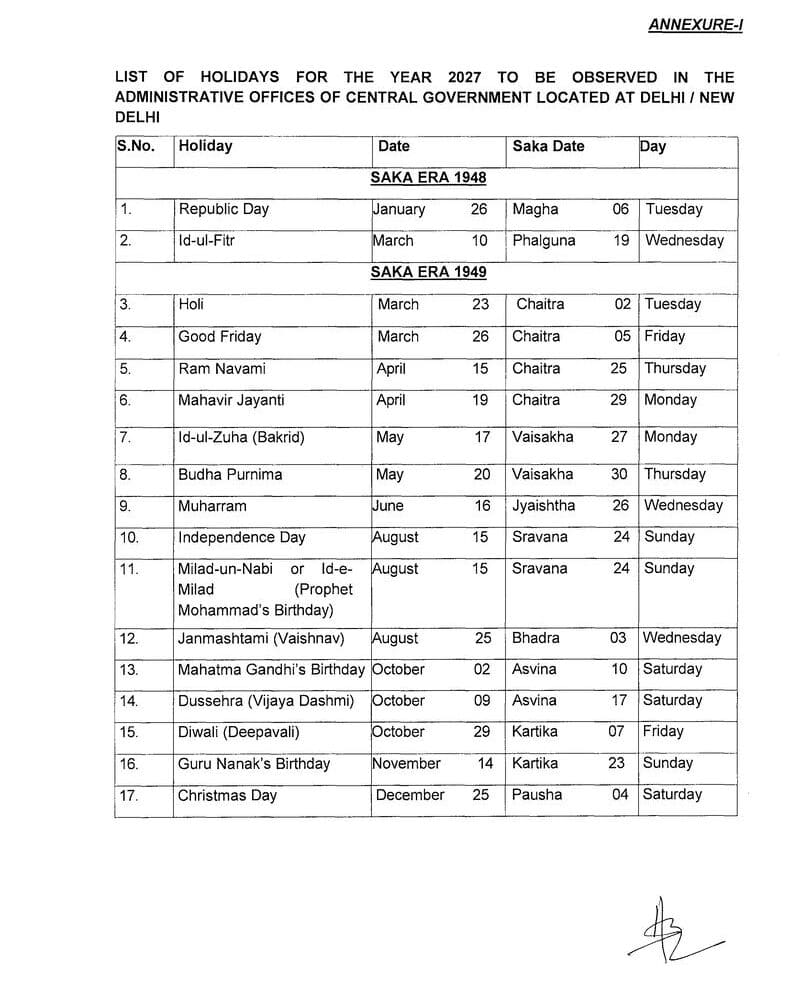 List of Holidays for the Year 2027 (Gazetted) to be observed in Central Government Offices located at Delhi/New Delhi List of Holidays for the Year 2027 (Gazetted) to be observed in Central Government Offices located at Delhi/New Delhi