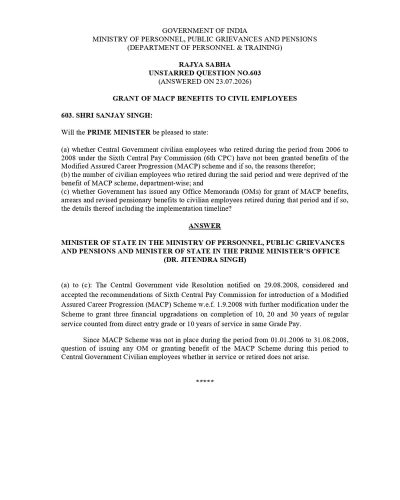 MACP Benefits for 2006–2008 Central Government Retirees: Clarification 2006–2008 के केंद्रीय सरकारी सेवानिवृत्त कर्मचारियों के लिए MACP लाभ: सरकार का स्पष्टीकरण 1 macp benefits for 2006 2008 rs q 603 english