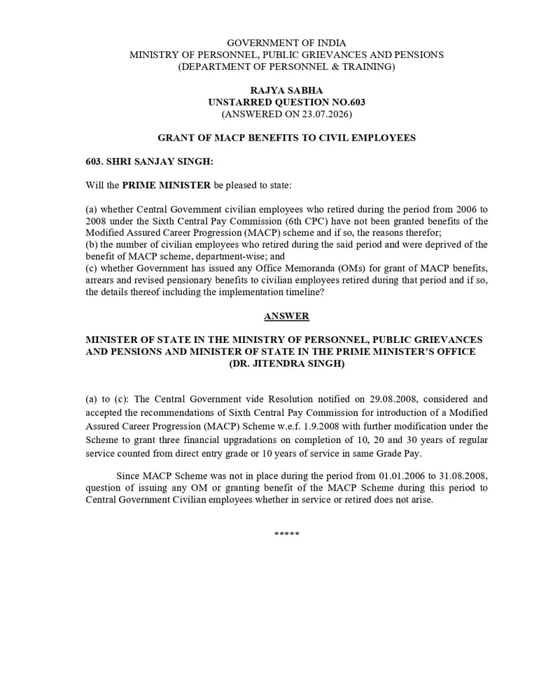MACP Benefits for 2006–2008 Central Government Retirees: Clarification 2006–2008 के केंद्रीय सरकारी सेवानिवृत्त कर्मचारियों के लिए MACP लाभ: सरकार का स्पष्टीकरण MACP Benefits for 2006–2008 Central Government Retirees: Clarification 2006–2008 के केंद्रीय सरकारी सेवानिवृत्त कर्मचारियों के लिए MACP लाभ: सरकार का स्पष्टीकरण