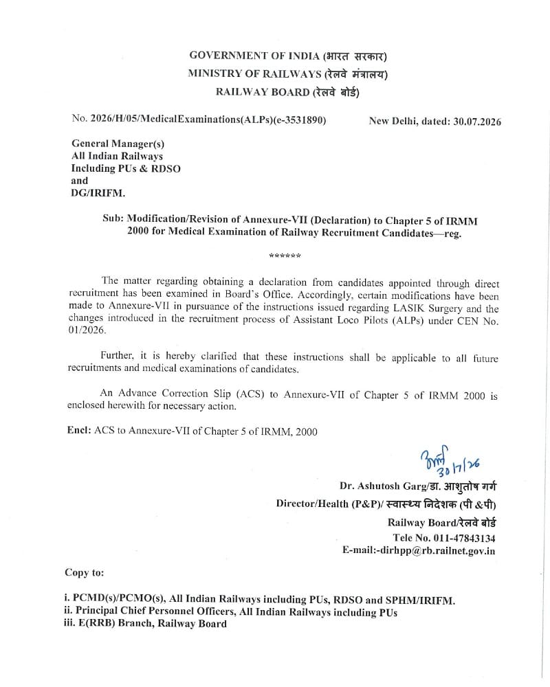 Medical Examination of Railway Recruitment Candidates – Modification/Revision of Annexure-VII (Declaration) Medical Examination of Railway Recruitment Candidates – Modification/Revision of Annexure-VII (Declaration)