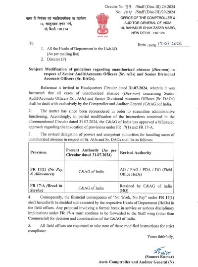 Modification of guidelines regarding unauthorized absence (Dies-non) in respect of Sr. AOs and Sr. DAOs: C&AG Order 1 modification-of-guidelines-regarding-unauthorized-absence-cag-order