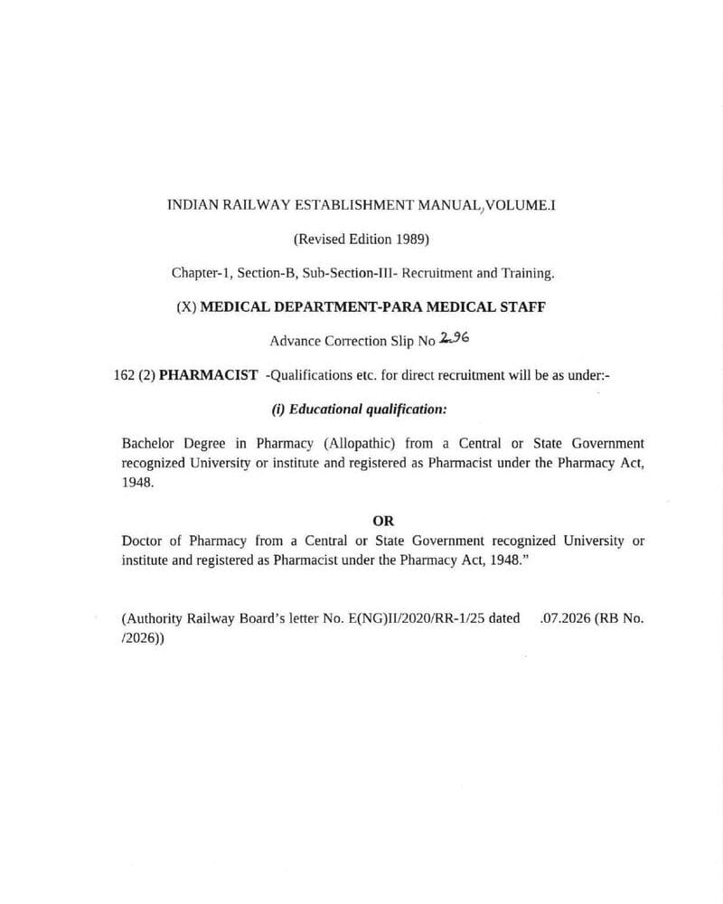 Pharmacist Gr.III in the Medical Department on the Railways – Minimum Educational Qualification for Recruitment: RBE No. 58/2026 Pharmacist Gr.III in the Medical Department on the Railways – Minimum Educational Qualification for Recruitment: RBE No. 58/2026