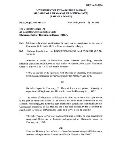 Pharmacist Gr.III in the Medical Department on the Railways - Minimum Educational Qualification for Recruitment: RBE No. 58/2026 1 pharmacist-gr-iii-in-the-medical-department-on-the-railways-rbe-58-2026-1