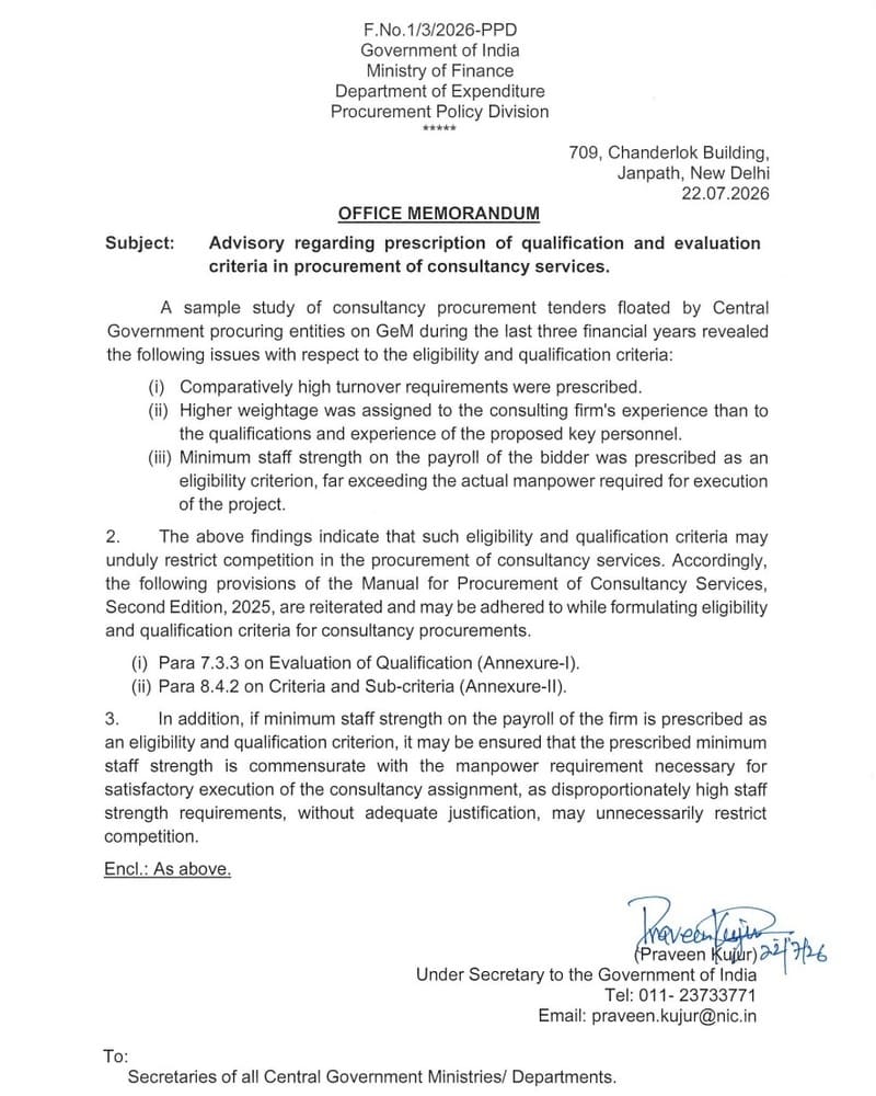 Procurement of consultancy services – Advisory regarding prescription of qualification and evaluation criteria: DoE O.M. Procurement of consultancy services – Advisory regarding prescription of qualification and evaluation criteria: DoE O.M.