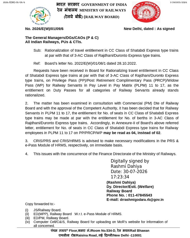 Rationalization of travel entitlement in CC Class of Shatabdi Express at par 3-AC Rajdhani/Duronto Express – Railway Servant Pass Rules Rationalization of travel entitlement in CC Class of Shatabdi Express at par 3-AC Rajdhani/Duronto Express – Railway Servant Pass Rules