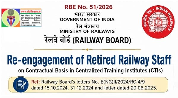 Re-engagement of retired Railway staff on contractual basis in Centralized Training Institutes: RBE No. 51/2026 Re-engagement of retired Railway staff on contractual basis in Centralized Training Institutes: RBE No. 51/2026